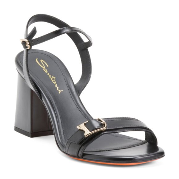 SANTONI Made In Italy Leather Block Heeled Sandals - Picture 1 of 3